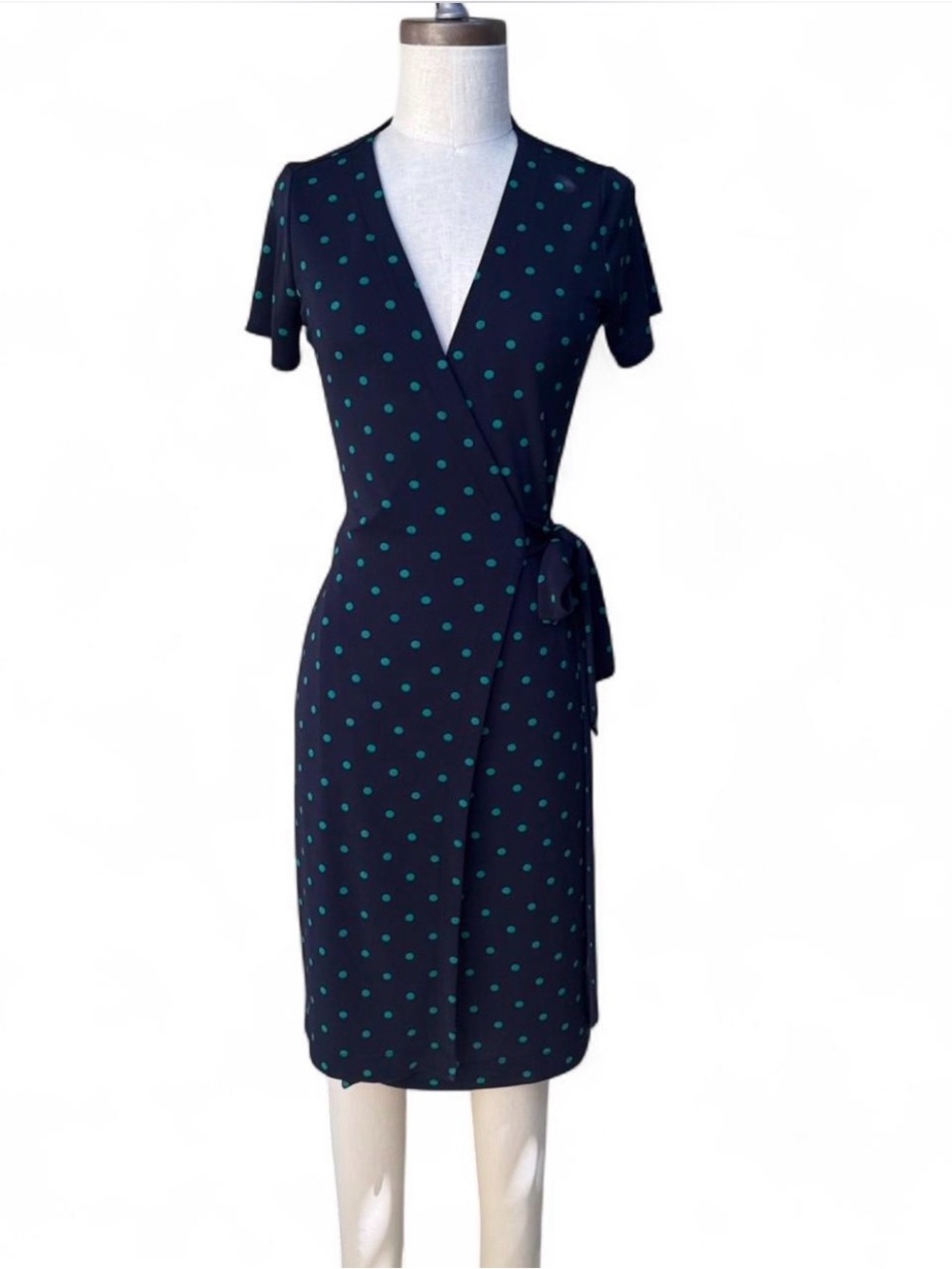 Navy Polka Dot Wrap Dress Ann Taylor with green Dots Stretch V neck